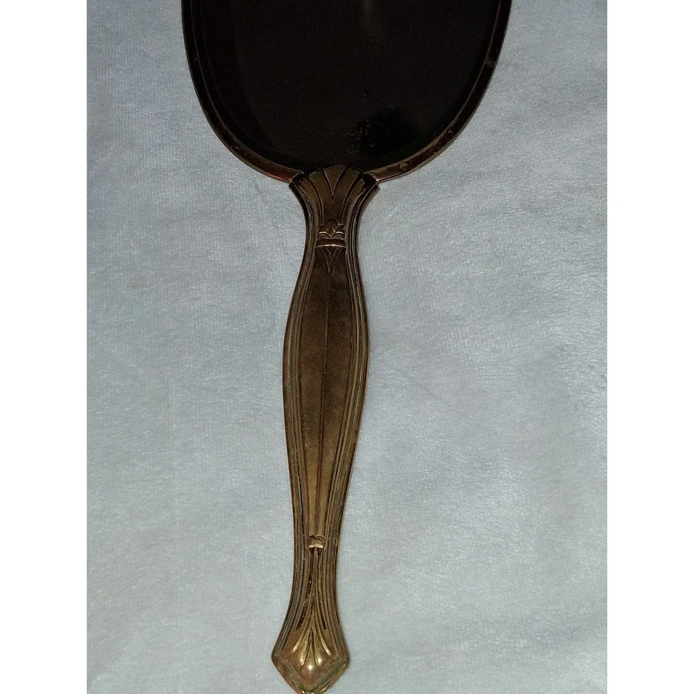 Vintage Floral Petit Point Hand Mirror Brass Tone Vanity Mirror 13.25